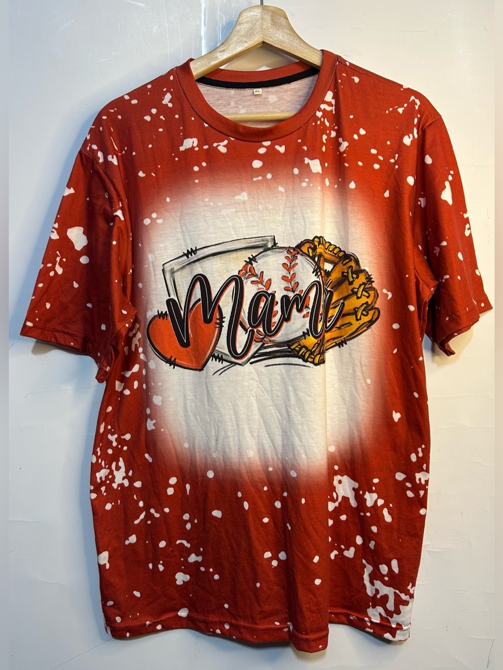 "Mama" Baseball Graphic Orange Bleach Dyed T-Shirt XL